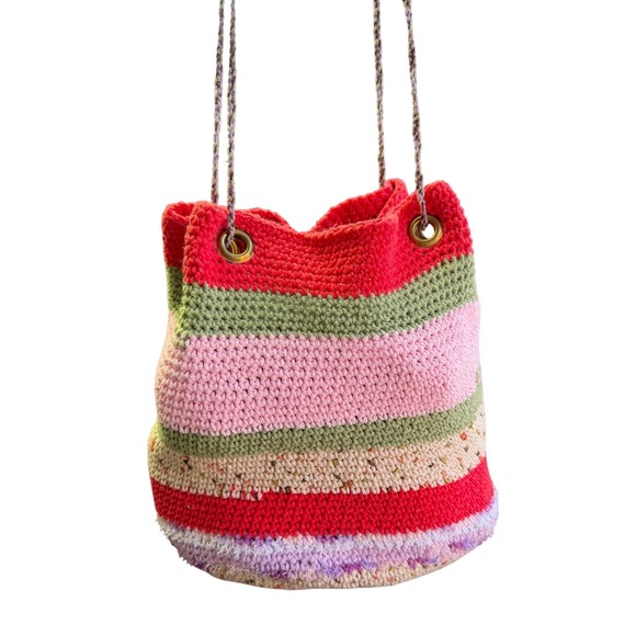 Handmade Handbags - Handcrafted Crochet Bucket Bag Pink Green‎ Striped Boho Drawstring Purse Whimsy